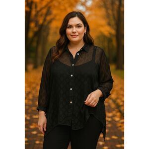 Investments Black Textured Sheer Button Down Blouse Size L Lightweight Gothcore